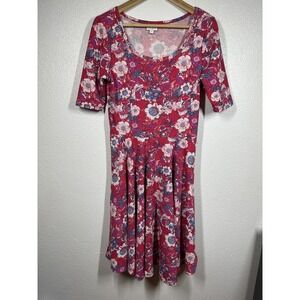 LuLaRoe Dress Womens Large Red Floral Nicole Fit & Flare Skater Scoop Neck